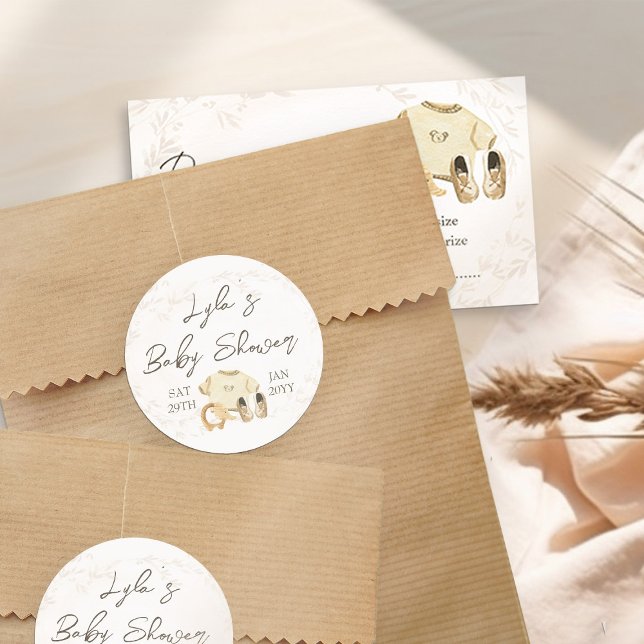 Baby Clothes Gender Neutral Baby Shower Classic Round Sticker (Gender Neutral Baby Shower Stickers - from my Baby Clothes Baby Shower Collection)