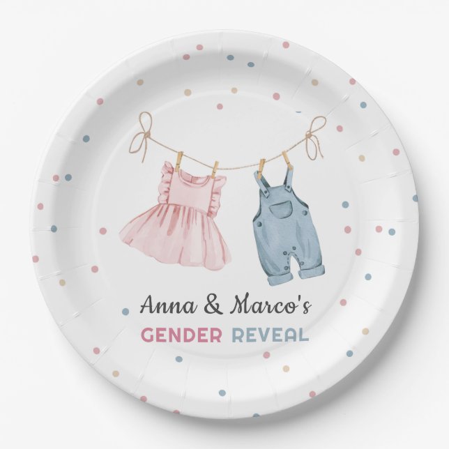 Baby Clothes Gender Reveal Baby Shower Paper Plates (Front)