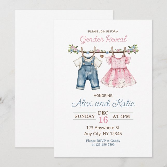 Baby Clothes gender reveal editable invitation (Front/Back)