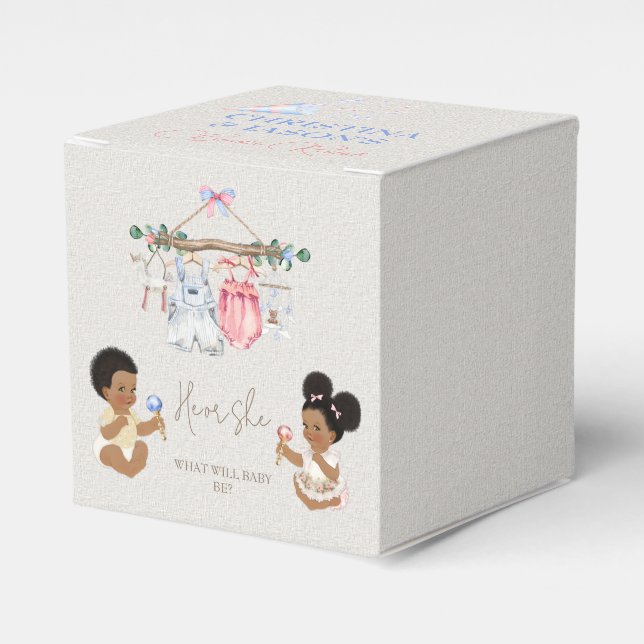 Baby Clothes Gender Reveal Ivory Pink Blue Favor Boxes (Front Side)