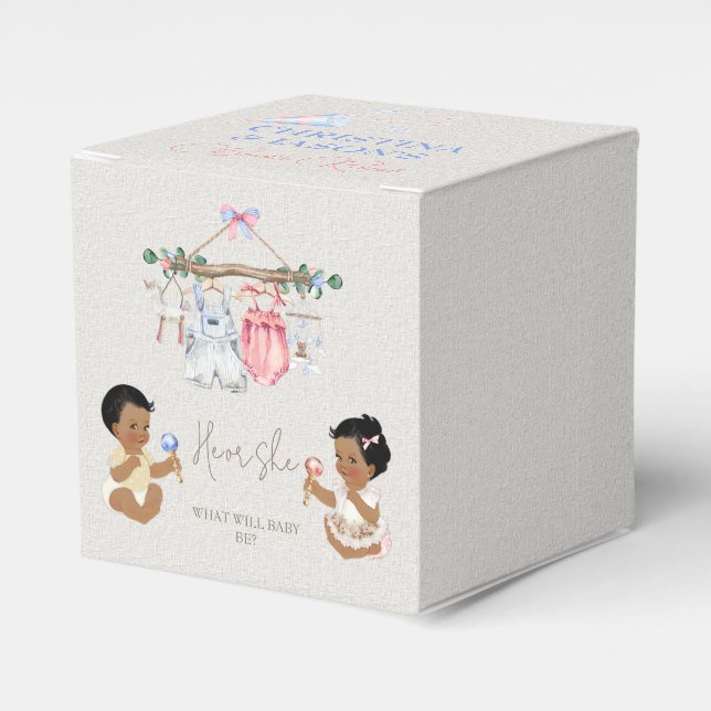 Baby Clothes Gender Reveal Ivory Pink Blue Favor Boxes (Front Side)