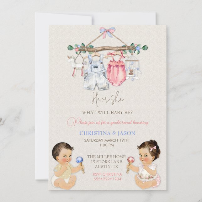 Baby Clothes Gender Reveal Ivory Pink Blue Invitation (Front)