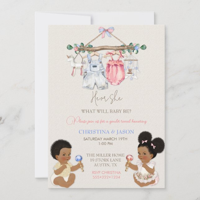 Baby Clothes Gender Reveal Ivory Pink Blue Invitation (Front)