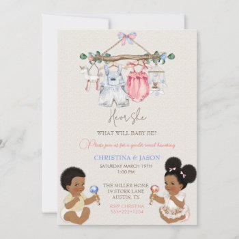 Baby Clothes Gender Reveal Ivory Pink Blue Invitation by nawnibelles at Zazzle