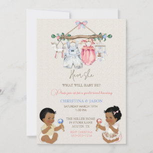 Baby Clothes Gender Reveal Ivory Pink Blue Invitation