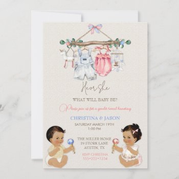 Baby Clothes Gender Reveal Ivory Pink Blue Invitation by nawnibelles at Zazzle