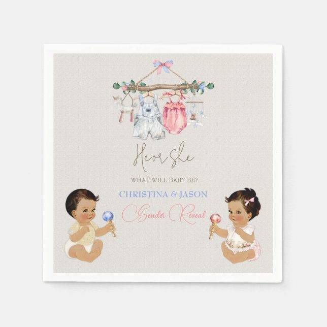 Baby Clothes Gender Reveal Ivory Pink Blue Napkins (Front)