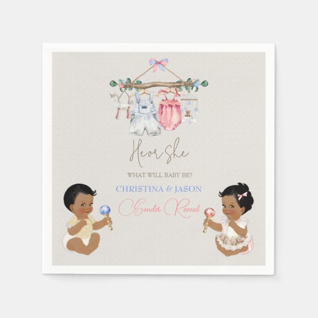 Baby Clothes Gender Reveal Ivory Pink Blue Napkins (Front)