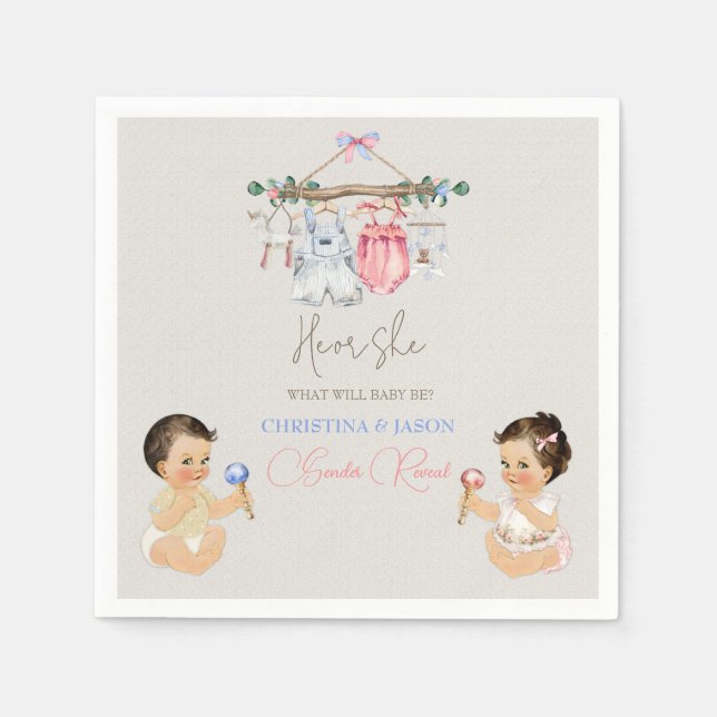 Baby Clothes Gender Reveal Ivory Pink Blue Napkins (Front)