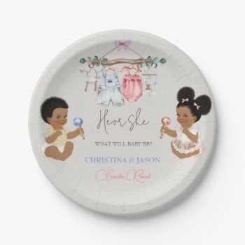 Baby Clothes Gender Reveal Ivory Pink Blue Paper Plates by nawnibelles at Zazzle