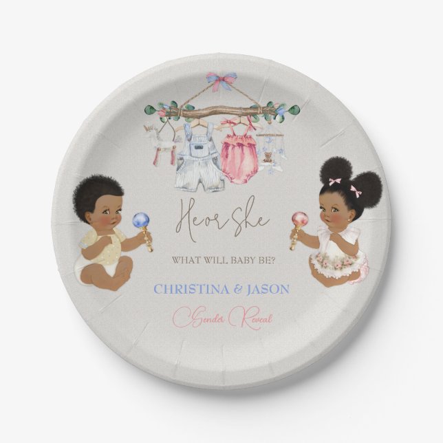 Baby Clothes Gender Reveal Ivory Pink Blue Paper Plates (Front)