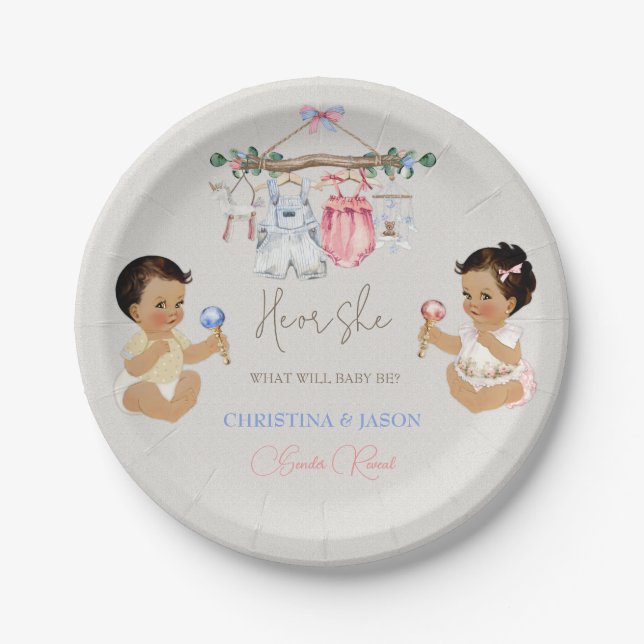 Baby Clothes Gender Reveal Ivory Pink Blue Paper Plates (Front)