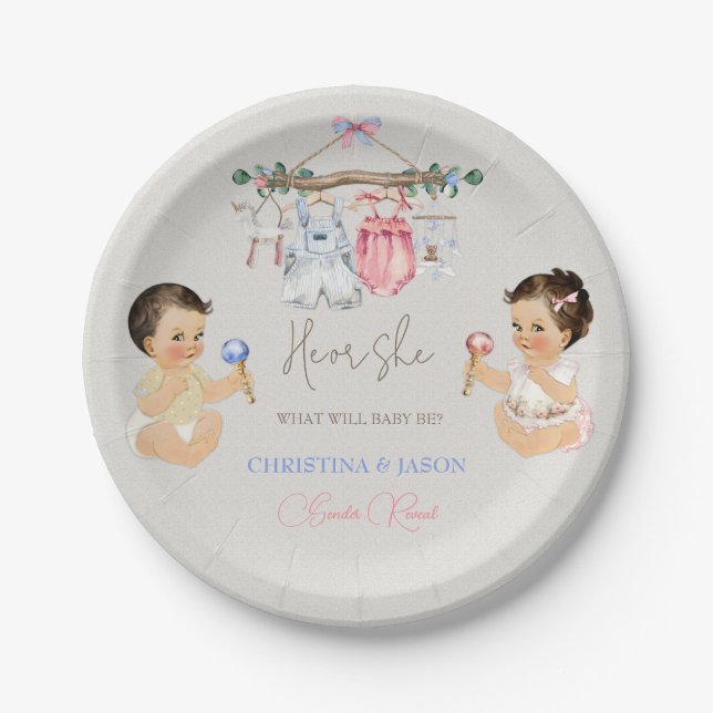 Baby Clothes Gender Reveal Ivory Pink Blue Paper Plates (Front)