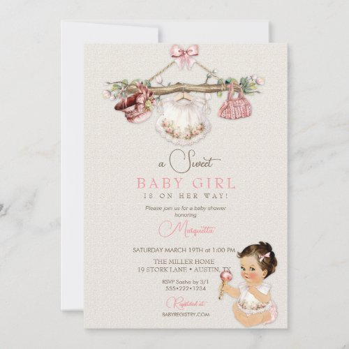 Baby Clothes Girl Baby Shower Ivory Pink Invitation