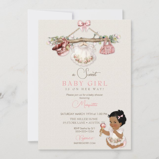 Baby Clothes Girl Baby Shower Ivory Pink Invitation (Front)