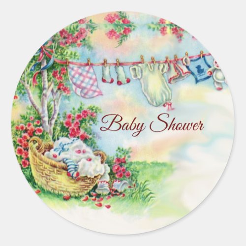 BABY CLOTHES HANGING IN FLOWER GARDEN Baby Shower  Classic Round Sticker