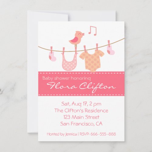 Baby clothes hanging on clothesline with pink bird invitation