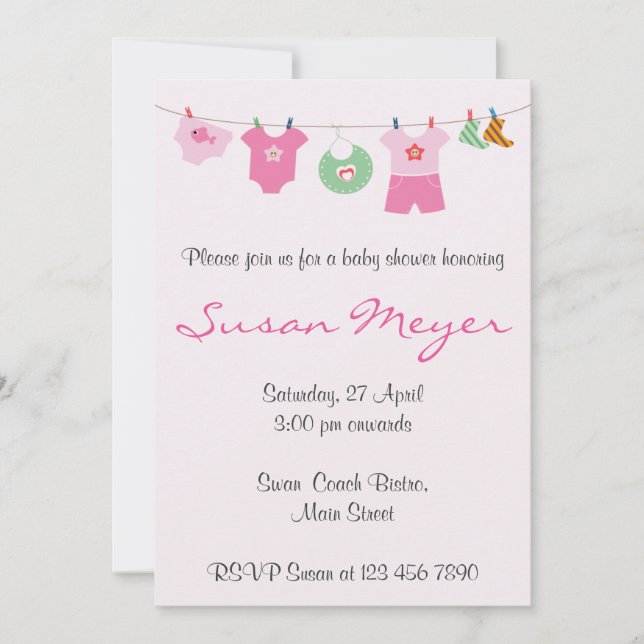 Baby Clothes Line Invitation For Baby Shower Pink (Front)