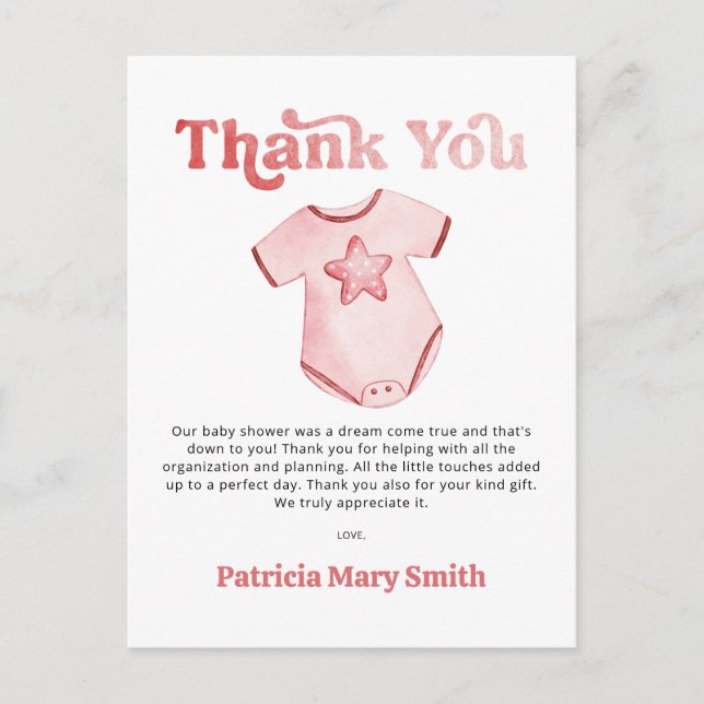Baby Clothes Pink Girl Baby Shower Thank You Card (Front)