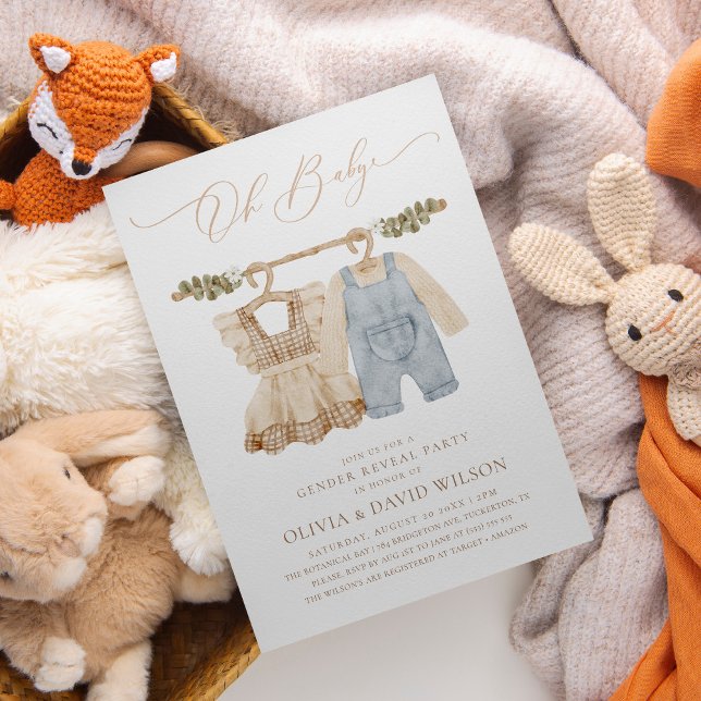 Baby Clothes Watercolor Rustic Gender Reveal Invitation (Creator Uploaded)