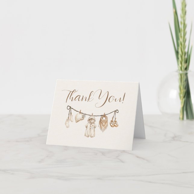 Baby Clothesline Baby Shower Striped Thank You Card (Front)