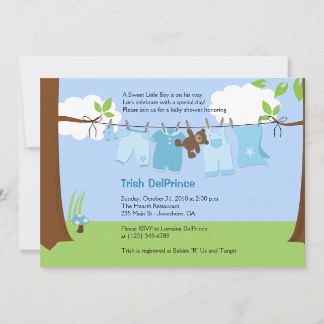 Baby Clothesline Blue BOY 5x7 Baby Shower Invitation (Front)