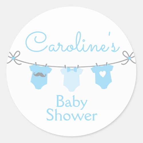 Baby Clothesline Boy Baby Shower Sticker Blue Classic Round Sticker