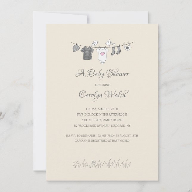 Baby Clothesline Girl Baby Shower Invitation (Front)