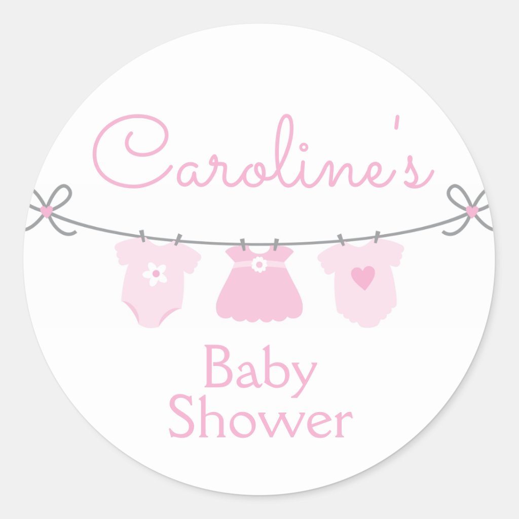 Baby Clothesline Girl Baby Shower Sticker, Pink Classic Round Sticker