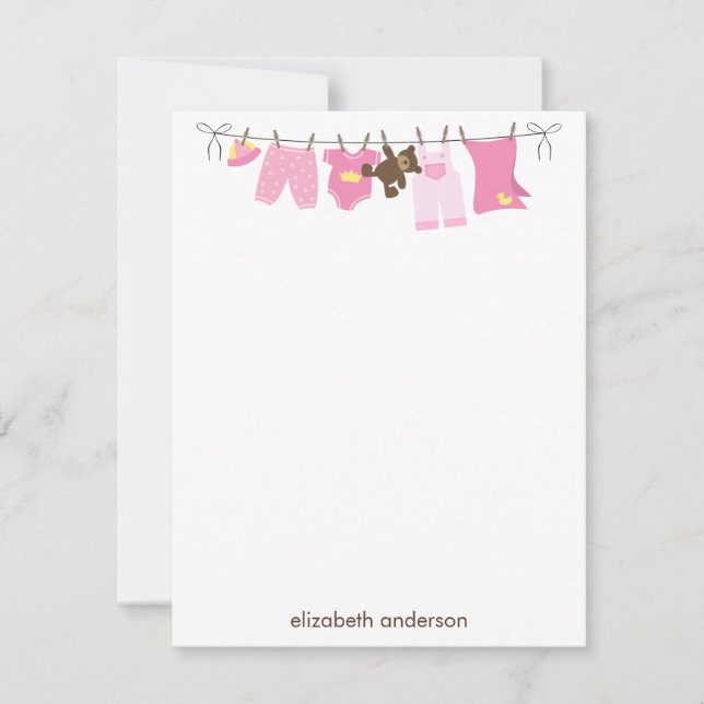 Baby Clothesline Girl Baby Shower Thank You Note Card (Front)