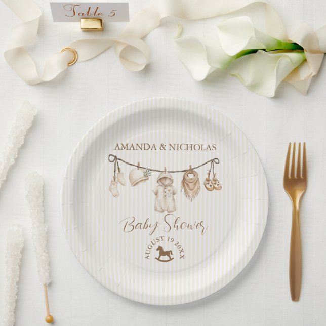 Baby Clothesline Neutral Baby Shower Striped Paper Plates (Wedding)