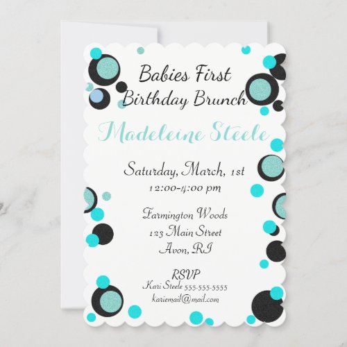 BABY  CO Teal Blue  Black Polka Dot Party Invitation