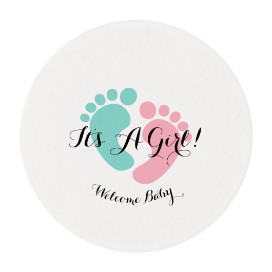 BABY & CO Tiny Footprints Baby Reveal Shower Party Edible Frosting Rounds (Front)