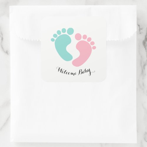 BABY  CO Tiny Footprints Baby Reveal Shower Party Square Sticker