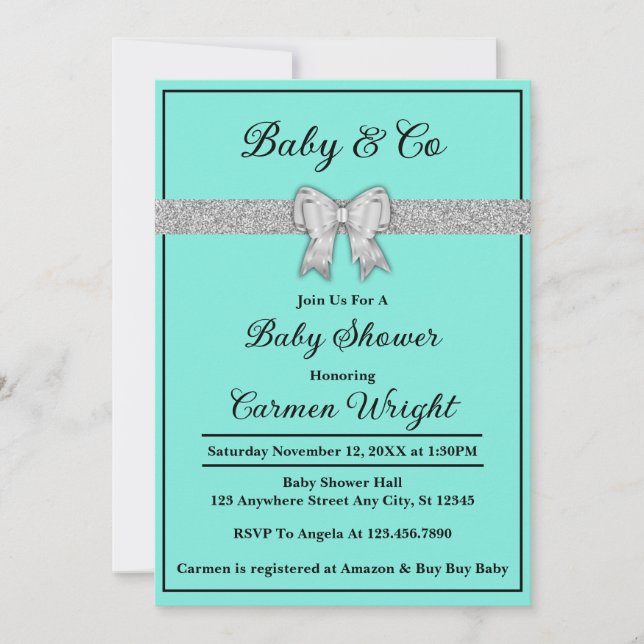 Baby & Co Turquoise & Silver Glitter Baby Shower Invitation (Front)