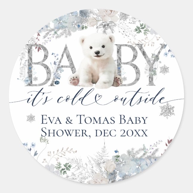 Baby cold outside Floral & Bear Baby Boy Shower Classic Round Sticker (Front)