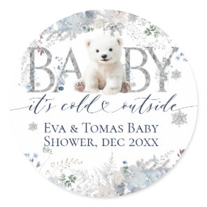 Baby cold outside Floral & Bear Baby Boy Shower Classic Round Sticker