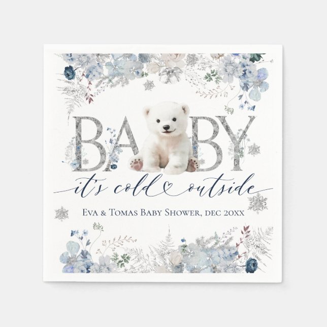 Baby cold outside Floral & Bear Baby Boy Shower Napkins (Front)