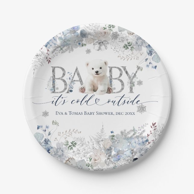 Baby cold outside Floral & Bear Baby Boy Shower Paper Plates (Front)