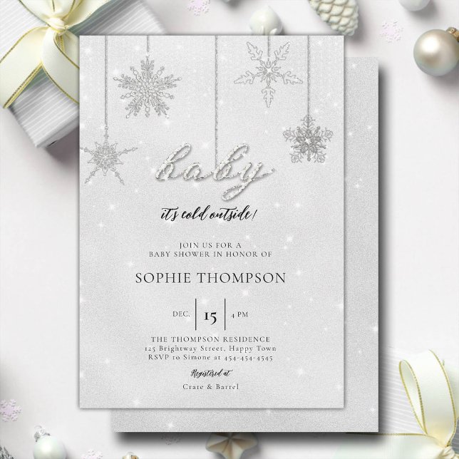 Baby Cold Outside Glitter Snowflake Neutral Shower Invitation (baby its cold outside baby shower invitation rhinestone glitter sparkle snowflakes gender neutral)