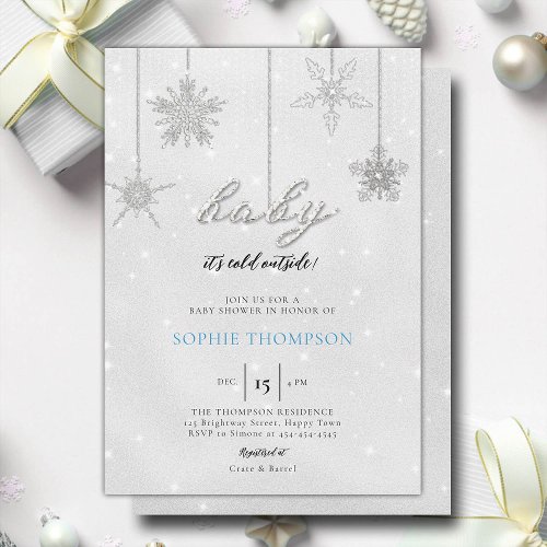 Baby Cold Outside Glitter Snowflakes Boy Shower Invitation