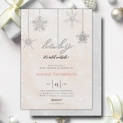 Baby Cold Outside Glitter Snowflakes Girl Shower Invitation