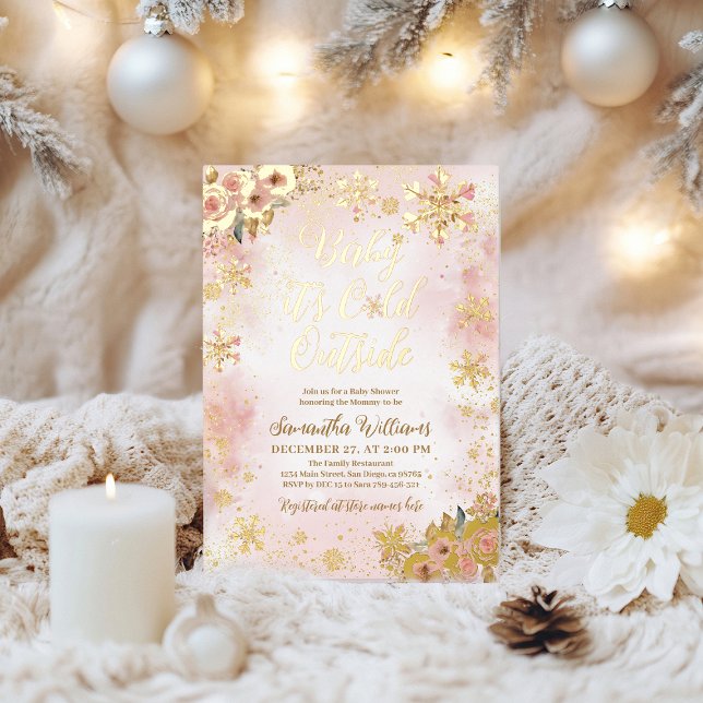 Baby Cold Outside Pink Winter Girl Baby Shower Foil Invitation (Creator Uploaded)