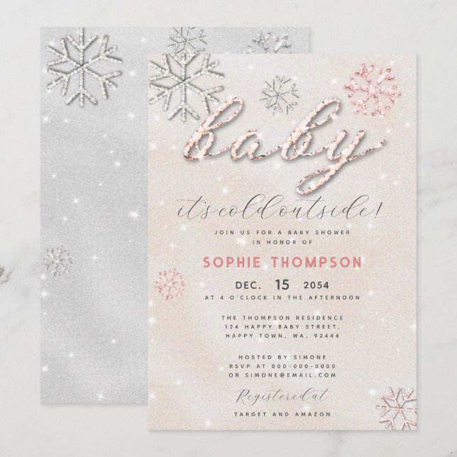 Baby Cold Outside Rhinestone Glitter Girl Shower Invitation (Front/Back)
