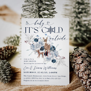Baby cold outside Winter Floral Deer Baby Shower Invitation
