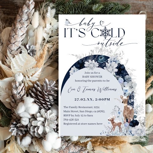 Baby cold outside Winter Floral Deer Baby Shower Invitation