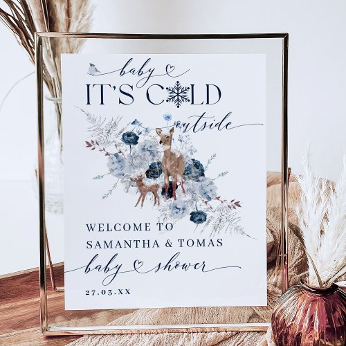 Baby cold outside Winter Floral Deer Baby Shower Poster