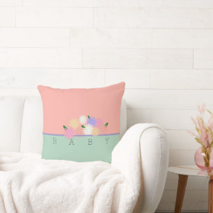 Baby Colorful Daisies on Soft Peach & Jungle Mist Throw Pillow