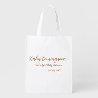 Baby coming soon baby shower brown pink name trend grocery bag