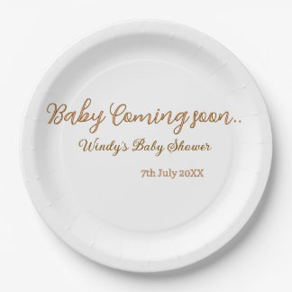 Baby coming soon baby shower brown pink name trend paper plates